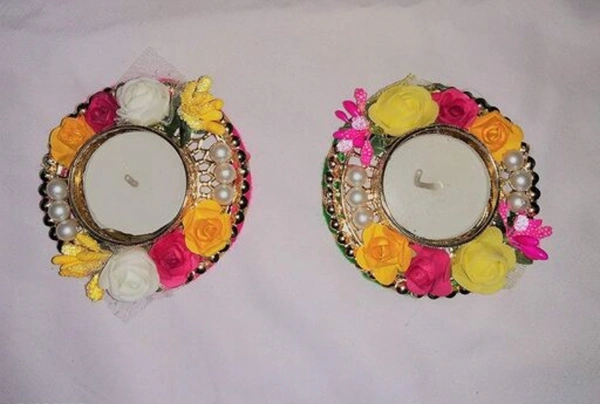 Decorative Handmade Flower Based Tealight Candle Holder-Perfect for Home Decor-Diwali Decoration &Gifts-Birthday-Valentine Decoratin Items-All Festivals-Occassional Decoration.(2) - Orange, Multipack 2